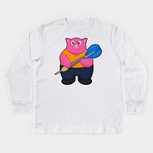 Pig as Dart player with Darts Kids Long Sleeve T-Shirt